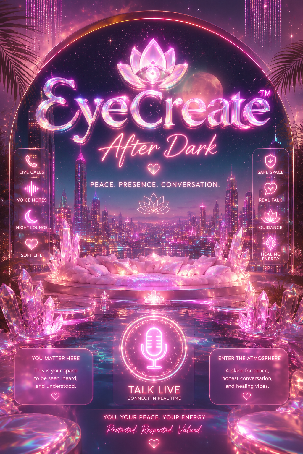 EyeCreate After Dark — a luminous digital sanctuary of soft light and aura mist